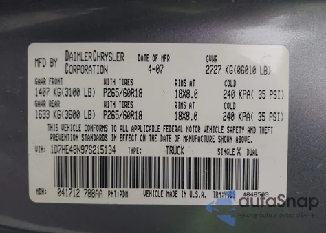2007 Dodge Dakota Slt z USA, uszkodzony, nr VIN 1D7HE48N97S215134